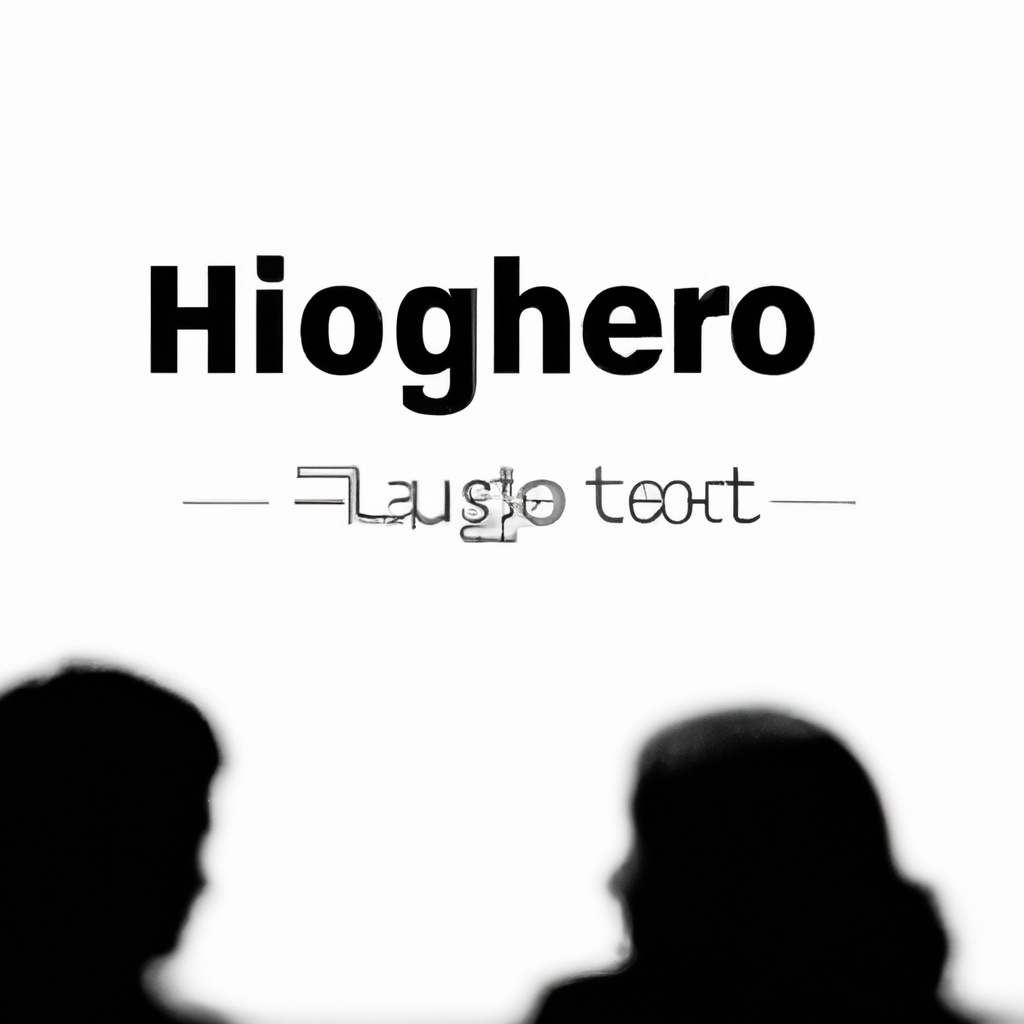 Monochrome minimalist classroom where two people practice conversation with high-contrast typography elements